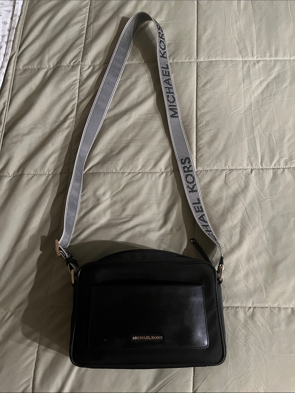 Michael Kors Black Nylon Crossbody with Branded Gray/Black Strap